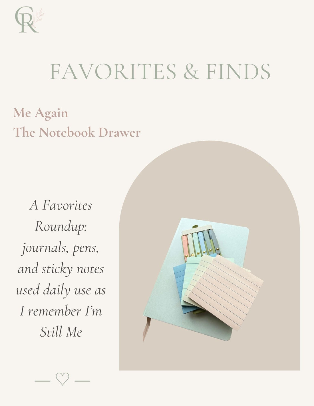 Currently Rebranding — Favorites Me Again cover featuring The Notebook Drawer, a personal desk ritual and stationery favorites post