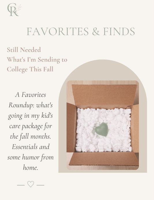 Currently Rebranding — Favorites Still Needed cover featuring what to send in a college fall care package