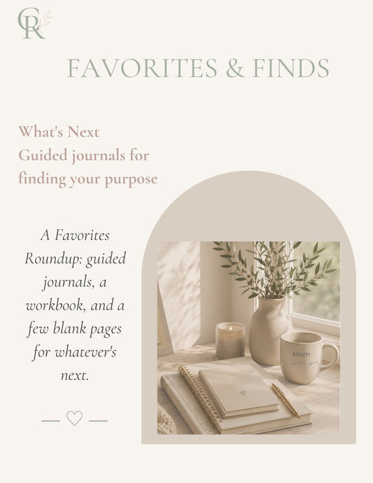 Currently Rebranding Favorites cover for 'What's Next — The Guided Journals I Wish I'd Found Sooner,' featuring a flat lay of guided journals and a blank hardcover notebook.