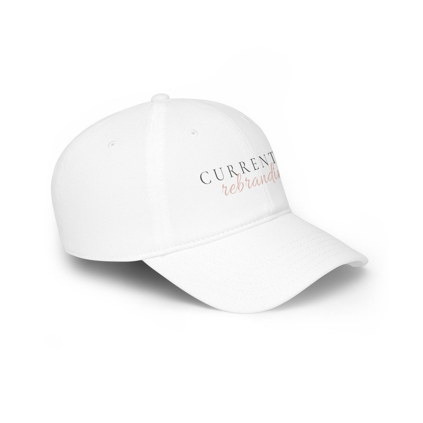 Currently Rebranding Cap | White baseball hat with script text