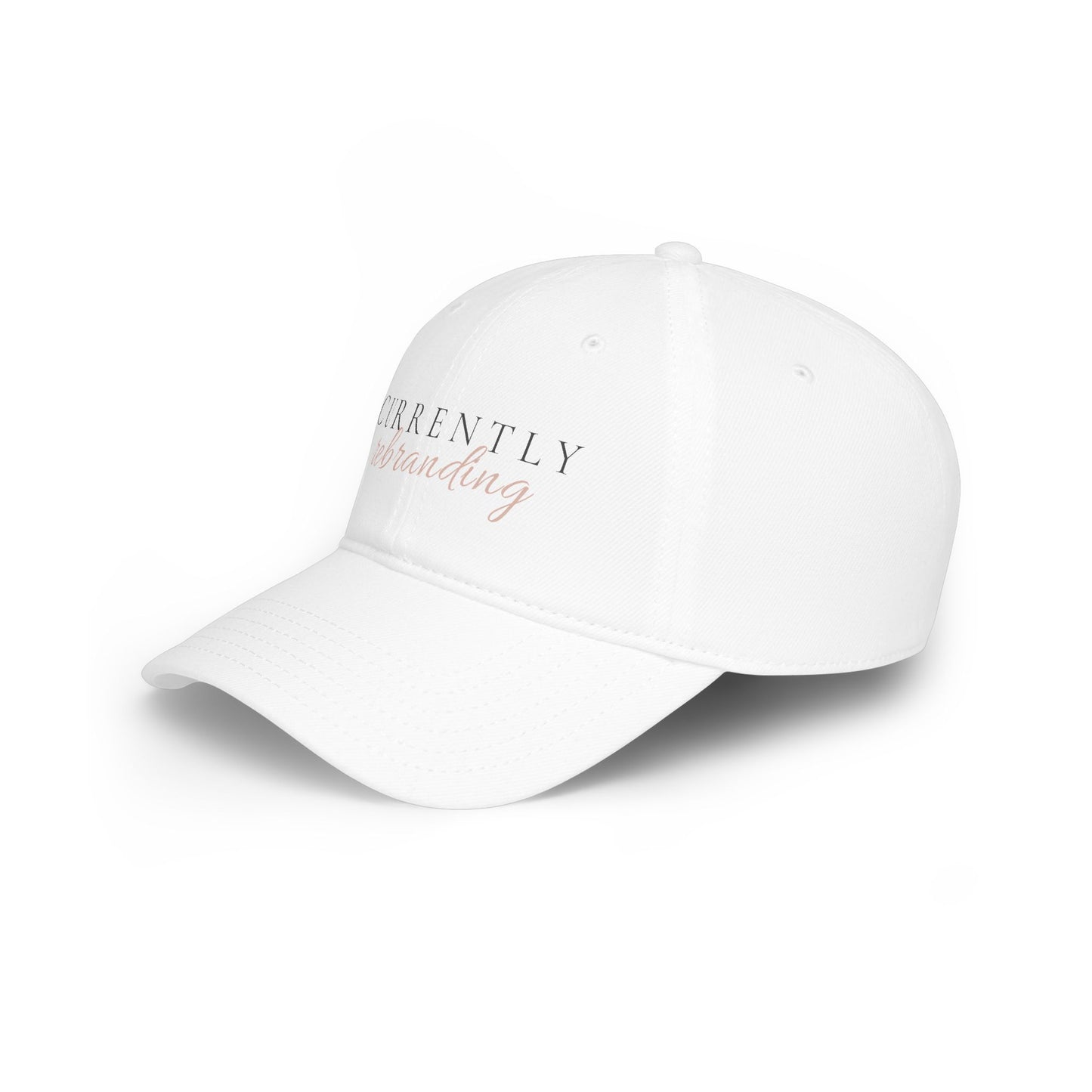 Currently Rebranding Cap | White baseball hat with script text