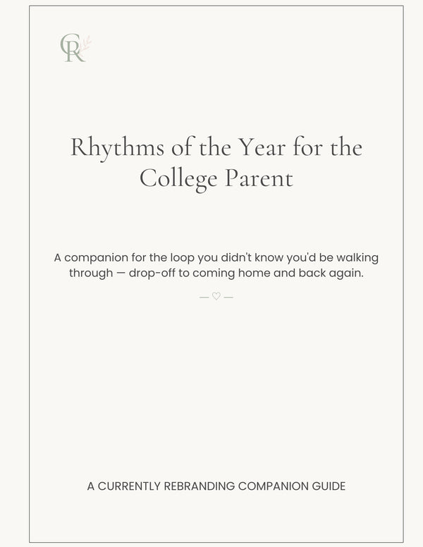 A minimalist book or guide cover reading 'Rhythms of the Year for the College Parent' with a small monogram logo at top left and subtitle text below on an off-white background.